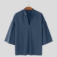 thumbnail image 4 of CLOISE Mens 3/4 Sleeve Tops Casual Bell Sleeve Shirts Loose Solid Color V Neck Pullover Fall Clothes Dark Blue L, 4 of 7