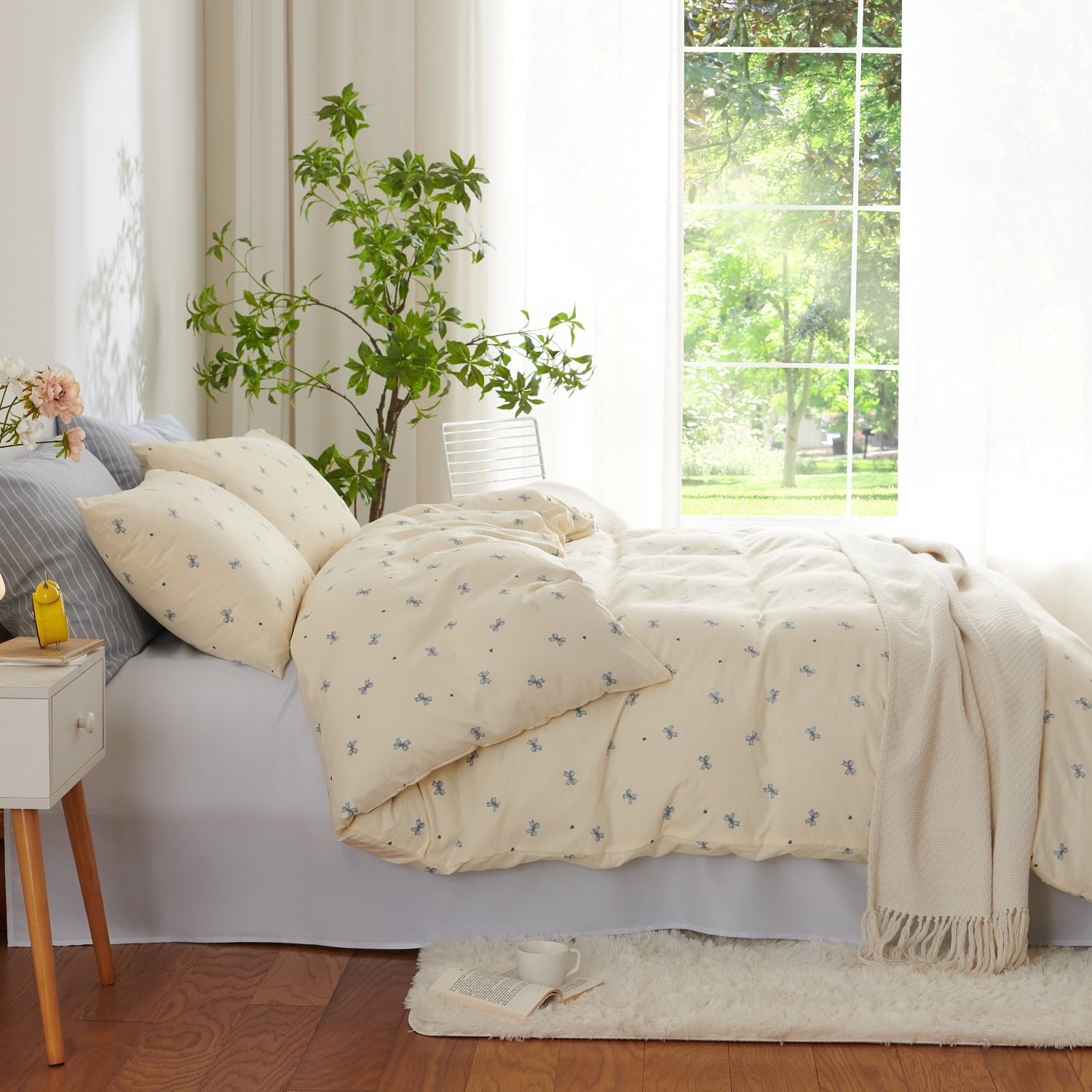 3 Pieces Bow Jacquard Duvet Cover Cartoon Blue Bowknot Pattern Comforter Cover Soft Breathable Cute Coquette Bedding,Full Size