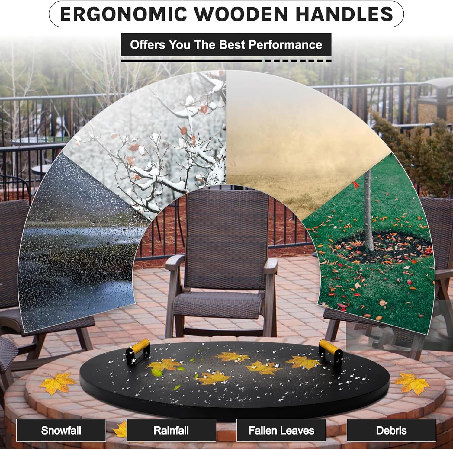 28” Round Fire Pit Lid – Heat Resistant fire pit cover round metal for Outdoor Fireplace -16 Gauge Steel Flat Fire Pit Burner Pan Cover with 2 Wooden Handles Snuffer Lid for Patio FirePit Ring