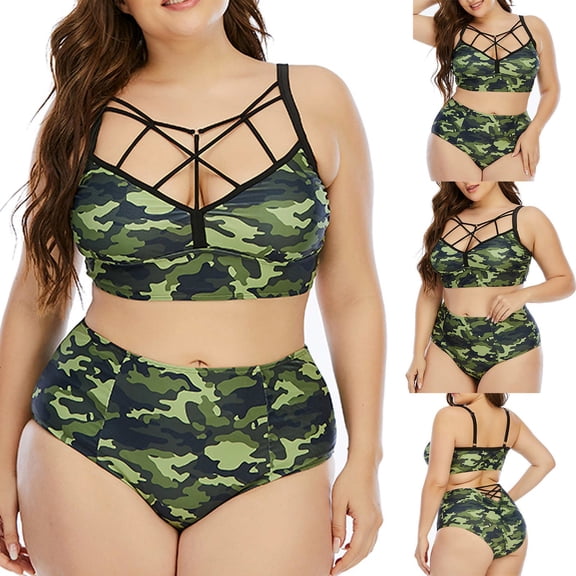 Lilgiuy Women's Fashion Comforted Camouflage Crossovers Split Plus Size Swimsuit Spring Summer Beach Style Vacation Bathing Suit Clothes
