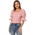 thumbnail image 2 of INSPIRE CHIC Blusa de manga abullonada con cuello cuadrado y volante fruncido para mujer Rosa M, 2 of 6