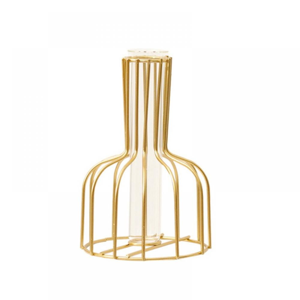 Geometric Glass Vase with Metal Bracket, Crystal Transparent Inner Vase, Geometric Metal Vase, Gold Color Vase Decoration for Centerpieces Flower Home Office Wedding Holiday Party Decor