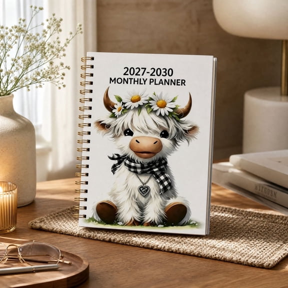 Cute Cow 4-Year Planner 2027-2030 notebook, Monthly Organizer with Spiral Binding, Farmhouse Cover, Goal Tracking Pages, 8.3 x 5.5 Inches