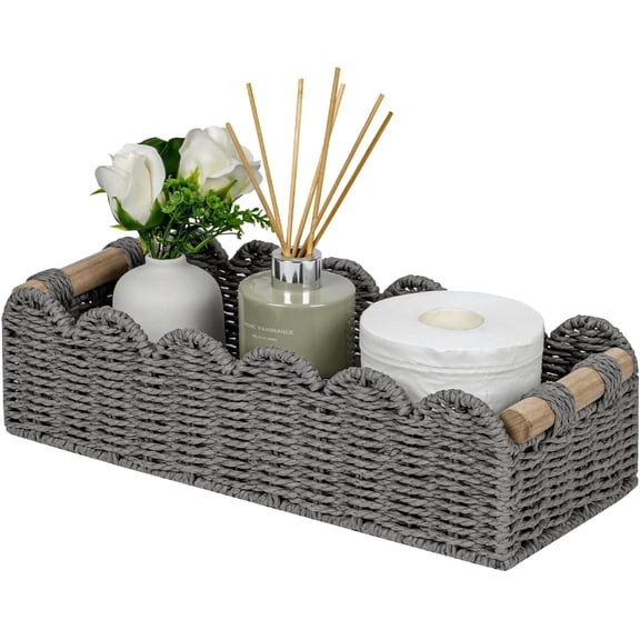 Scalloped Edge Toilet Paper Storage Basket, Living Room Home Cozy Decor Basket, Paper Rope Small Baskets for Over Toilet Storage Shelf, End Table, Shelves, with 2 Wooden Handles, Grey