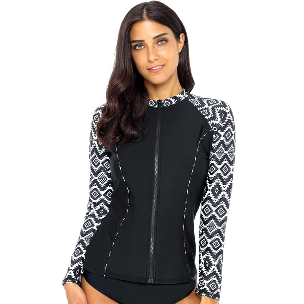 Charmo Women's Rash Guard Zip Front Surfing Swimsuit Long Sleeve Top