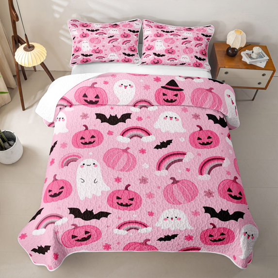 Feelyou Kawaii Ghost Pumpkin Quilt King, Cute Bat Rainbow King Coverlet Set, Pink, 3pcs, 1 Comforter and 2 Pillowcases