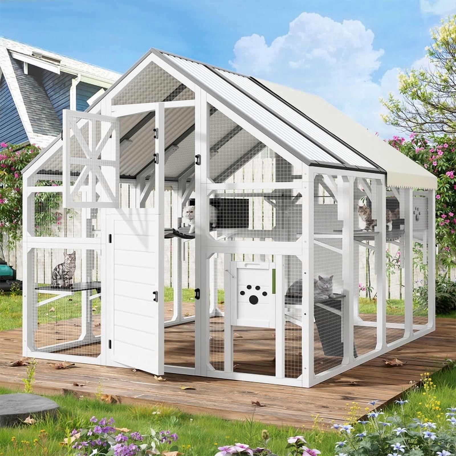 Mirightone Extra Large Catio Outdoor Cat Enclosure with Bridges, 8 Platforms and 2 Resting Boxes, Walk-in Outside Cat House with Weatherproof Cover for Multiple Cats, White