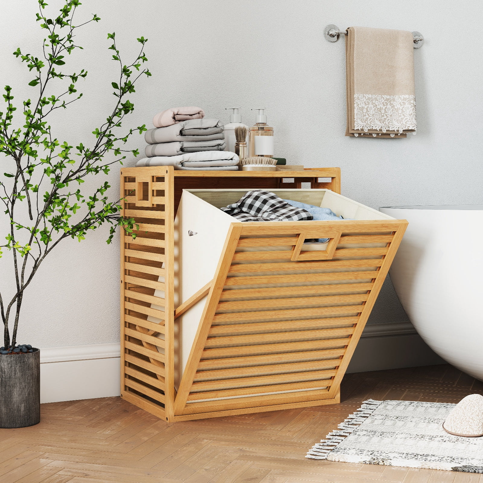 Gymax Large Tilt-out Laundry Hamper w/ Wide Top & Tilt-out Basket Side Handles