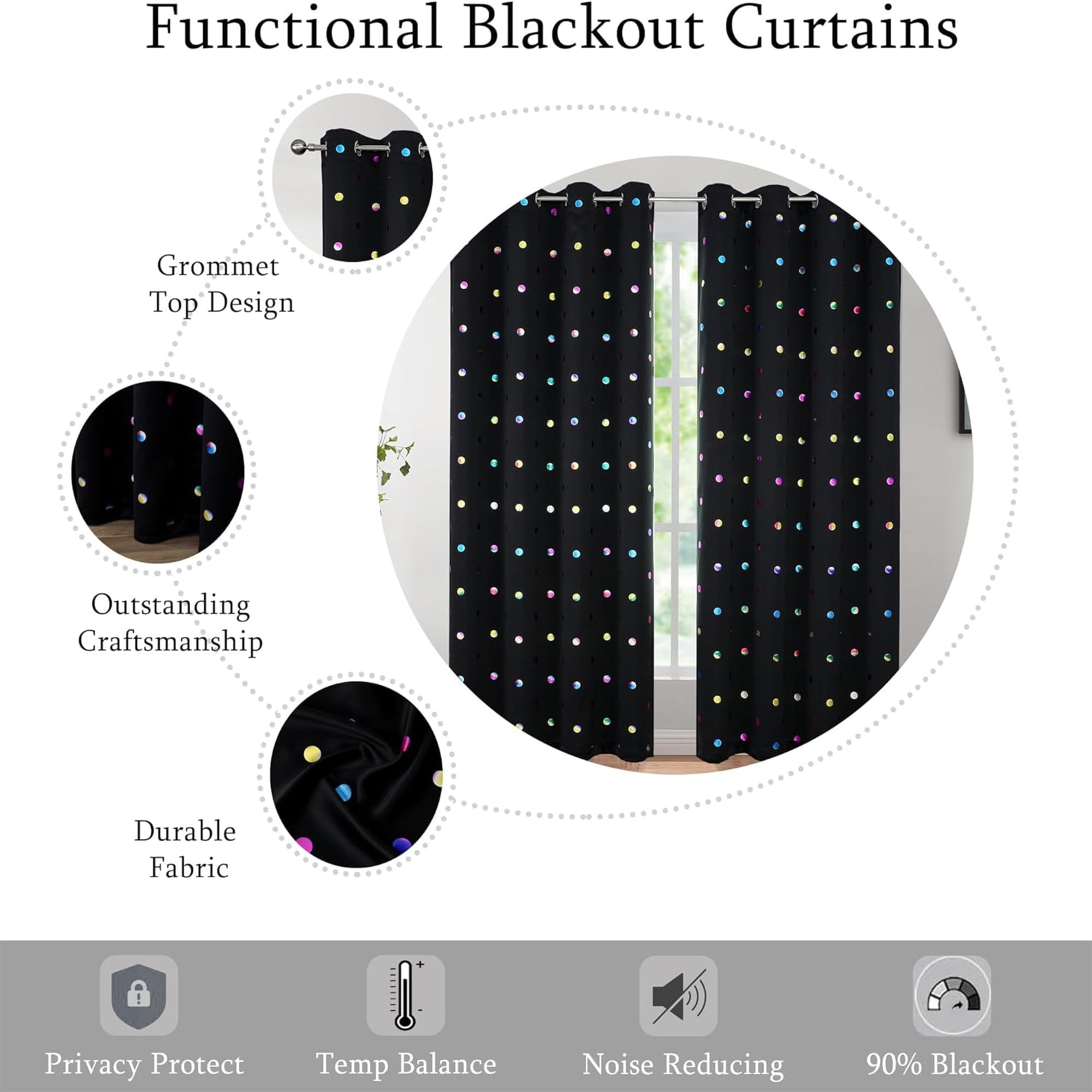 Bazaahm Black 100% Blackout Curtain for Kids Bedroom Living Room Metallic Polka Dots Printed 95"L x 52"W, Grommet, 2pcs