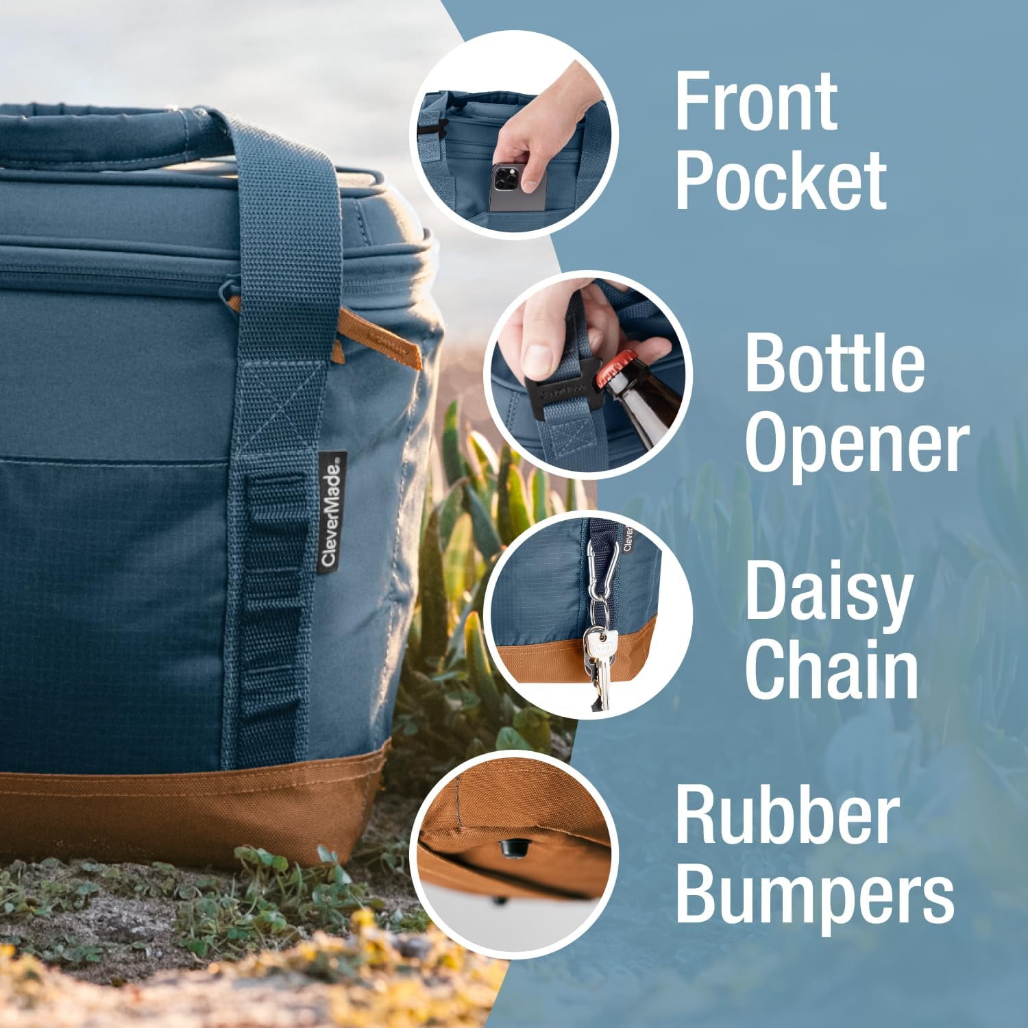 CleverMade 18 Can Pacifica Collapsible Cooler, Ocean/Cognac