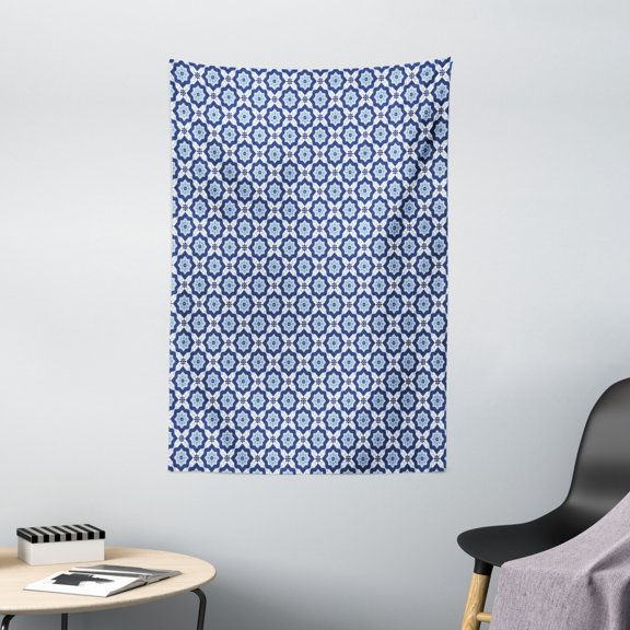 Moroccan Tapestry, Azulejo Tile Pattern Diagonal Ceramic Pattern Arabesque Star Design Ornament, Wall Hanging for Bedroom Living Room Dorm Decor, 40W X 60L Inches, Dark Blue White, by Ambesonne