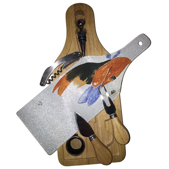 KuzmarK Wine & Cheese Glass Cutting Board Wood Box Gift Set - Beagle Puppy with Blue Bandana Dog Art by Denise Every