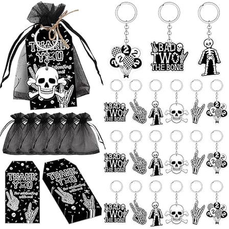 Bad Two the Bone Party Favor Tags & Keychains Kit Black Rock Themed 2nd Birthday decor Rock N Roll 2nd Birthday Keychains Gift Bags Thank You Tags Bone Skull Favors for Boy Second Birthday Party