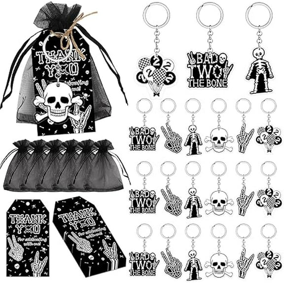 Bad Two the Bone Party Favor Tags & Keychains Kit Black Rock Themed 2nd Birthday decor Rock N Roll 2nd Birthday Keychains Gift Bags Thank You Tags Bone Skull Favors for Boy Second Birthday Party