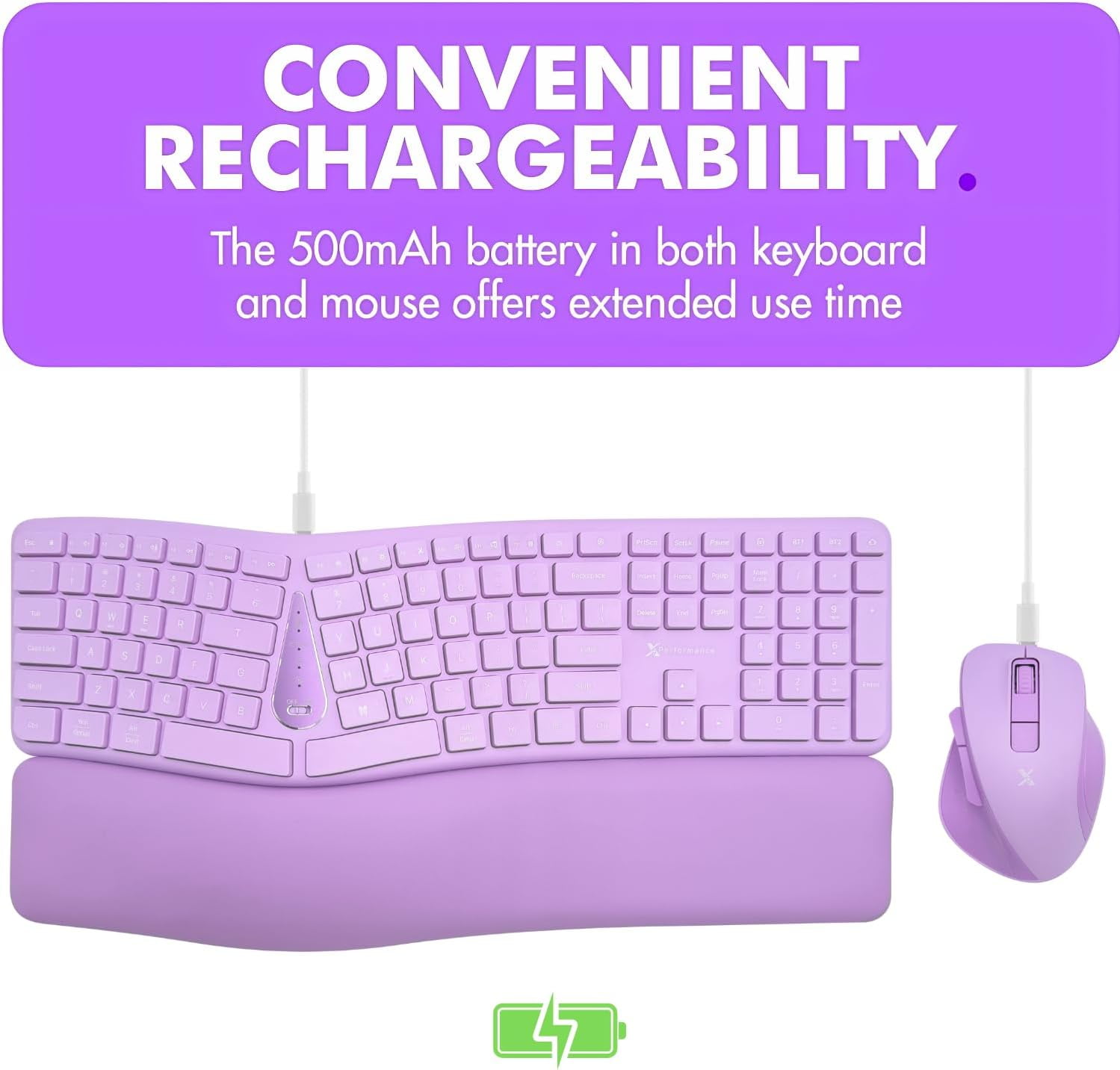X9 Purple Ergonomic Keyboard Mouse Wireless Combo - Type Comfortably - 2.4G/Bluetooth Split Keyboard, Multi-Device, Soft Wrist Rest, Rechargeable, Silent Ergo Keys - Laptop, PC, Mac,iOS,Android