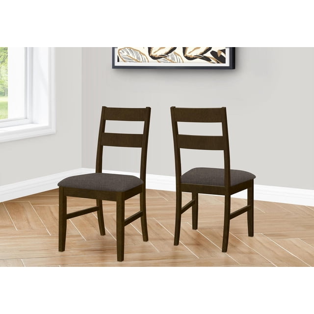 Set of two Monarch Specialties 37-inch tall side dining chairs with brown solid wood frames and dark brown fabric upholstered seats, styled in a transitional design.
