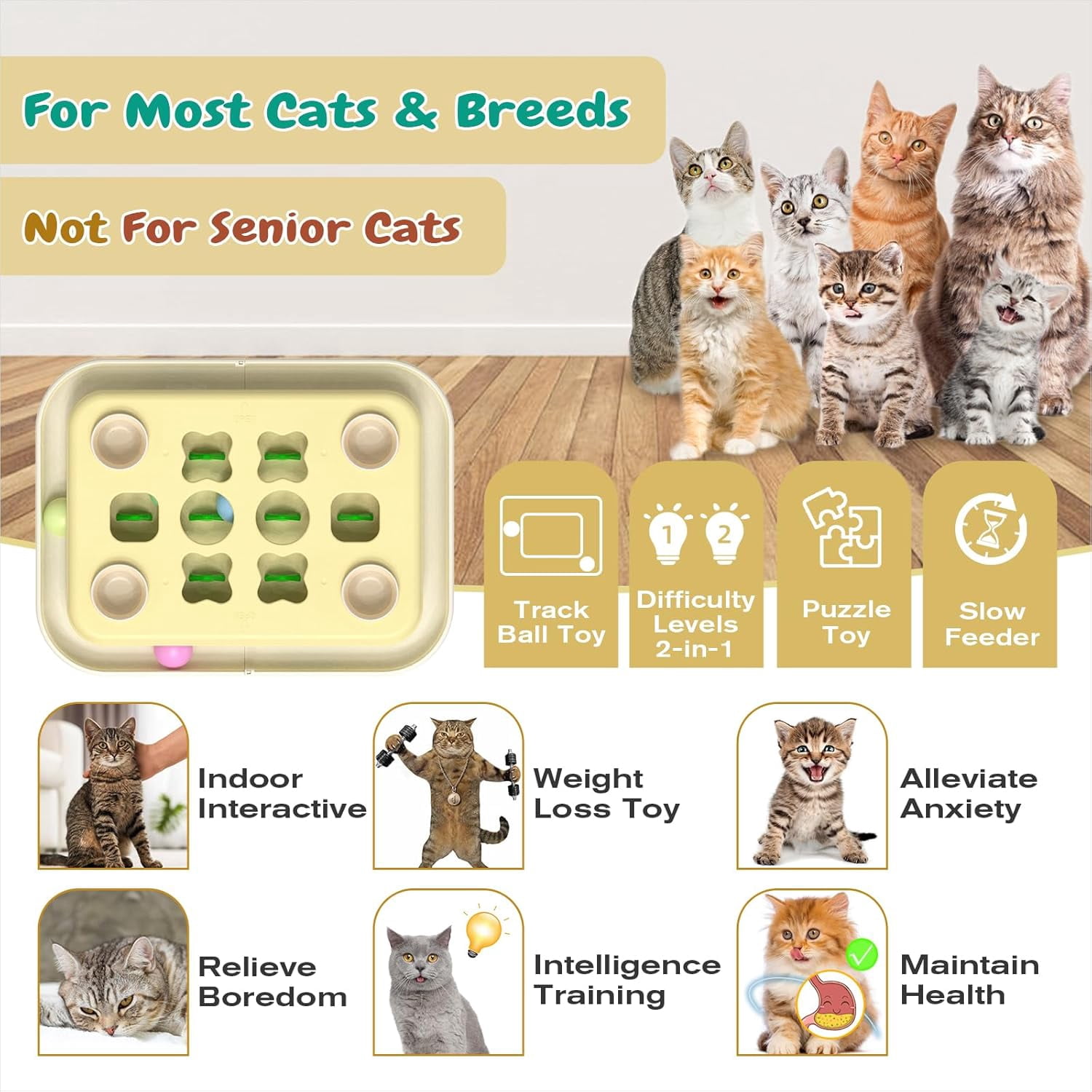KADTC Cat Enrichment Toys, 3 Ways to Play, Large Size, Track Balls & Peek-and-Play Box, Cat Puzzle Feeder Toy, Slow Feeder & Mental Stimulation for Indoor Cats