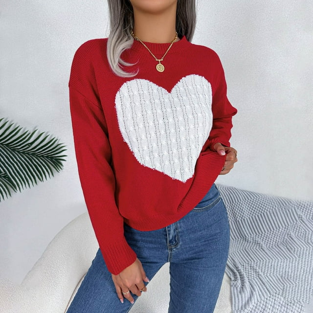 TINZ Chandail d'Automne Hiver pour Femmes Manches Longues Col Rond Haut Tricoté Décontracté Élégant Imprimé Cœur Chandail Doux Chaud Confortable Col Roulé Ensemble de Mode Mignon Chandails Mode pour Hommes