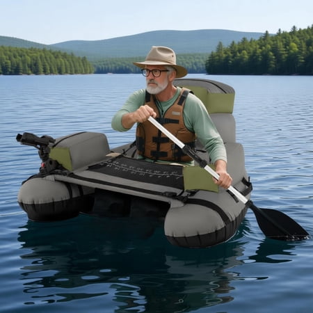 Inflatable Fishing Float Tube 350 lbs Capacity with 2 Air Chambers Rod Holder Detachable Fish Ruler Backpack Straps Lightweight PVC 600D Polyester Float Tube for Lake River Sea Angling Green Gray