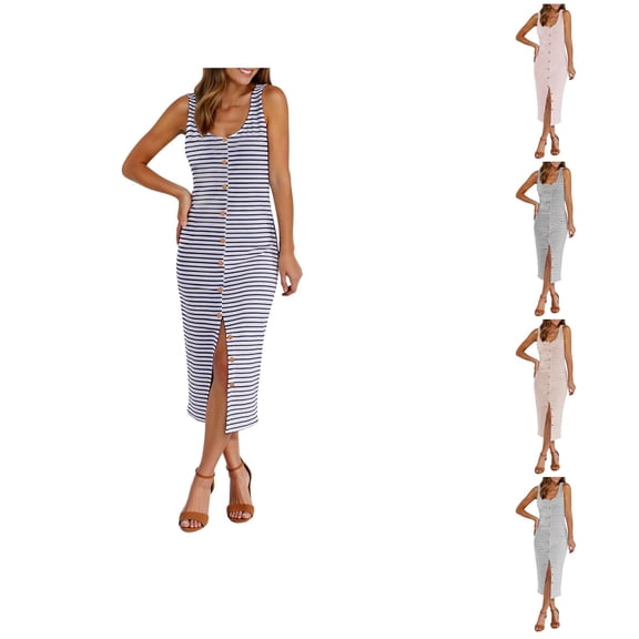 Ahuyic Womens Casual Dress,Womens Plus Size Dress,Womens Summer Casual Round-Neck Sleeveless Stripe Print Long Dress,White,L