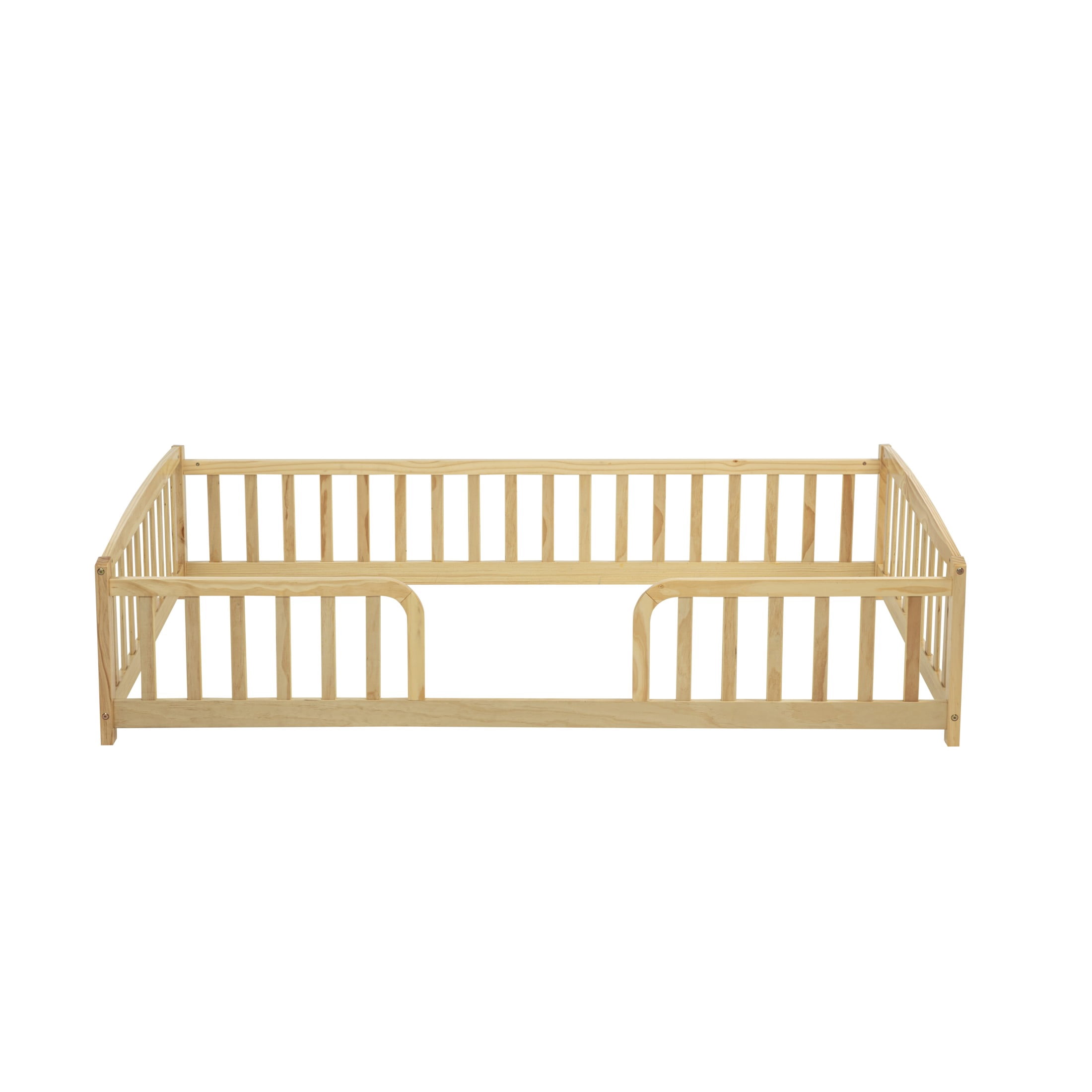 Noble House Norva Twin Size Floor Bed with Central Curved Entrance Guardrails, Pine Wood Bed Frame, Natural