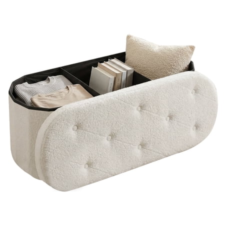 CONCETTA 43in Ottoman with Storage, Folding Foot Rest for Living Room & Bedroom, Versatile Home Bench in Soft Teddy Fabric, White