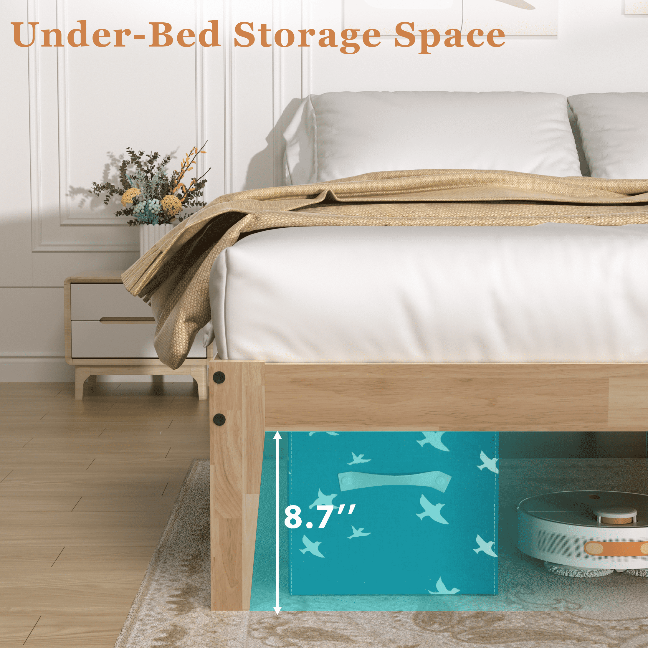Twin Wood Bed Frame with Led Light, Wood Platform Bed Frame Twin Size with 8.7" Under-Bed Storage, Noise-Free, Easy Assembly, 12"
