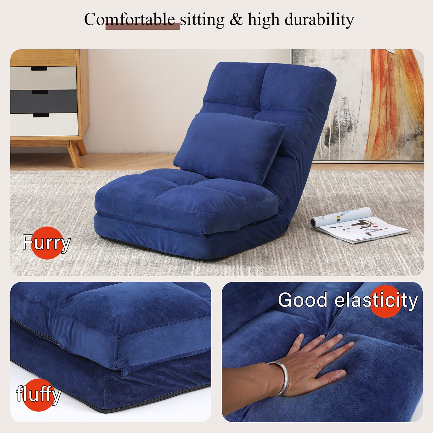 Kadyn Indoor Chaise Lounge Sofa, Adjustable Floor Chair with Back Support and Pillow, Folding Floor Lounger for Adults, Blue Kadyn Indoor Chaise Lounge Sofa, Adjustable Floor Chair with Back Support and Pillow, Folding Floor Lounger for Adults, Blue