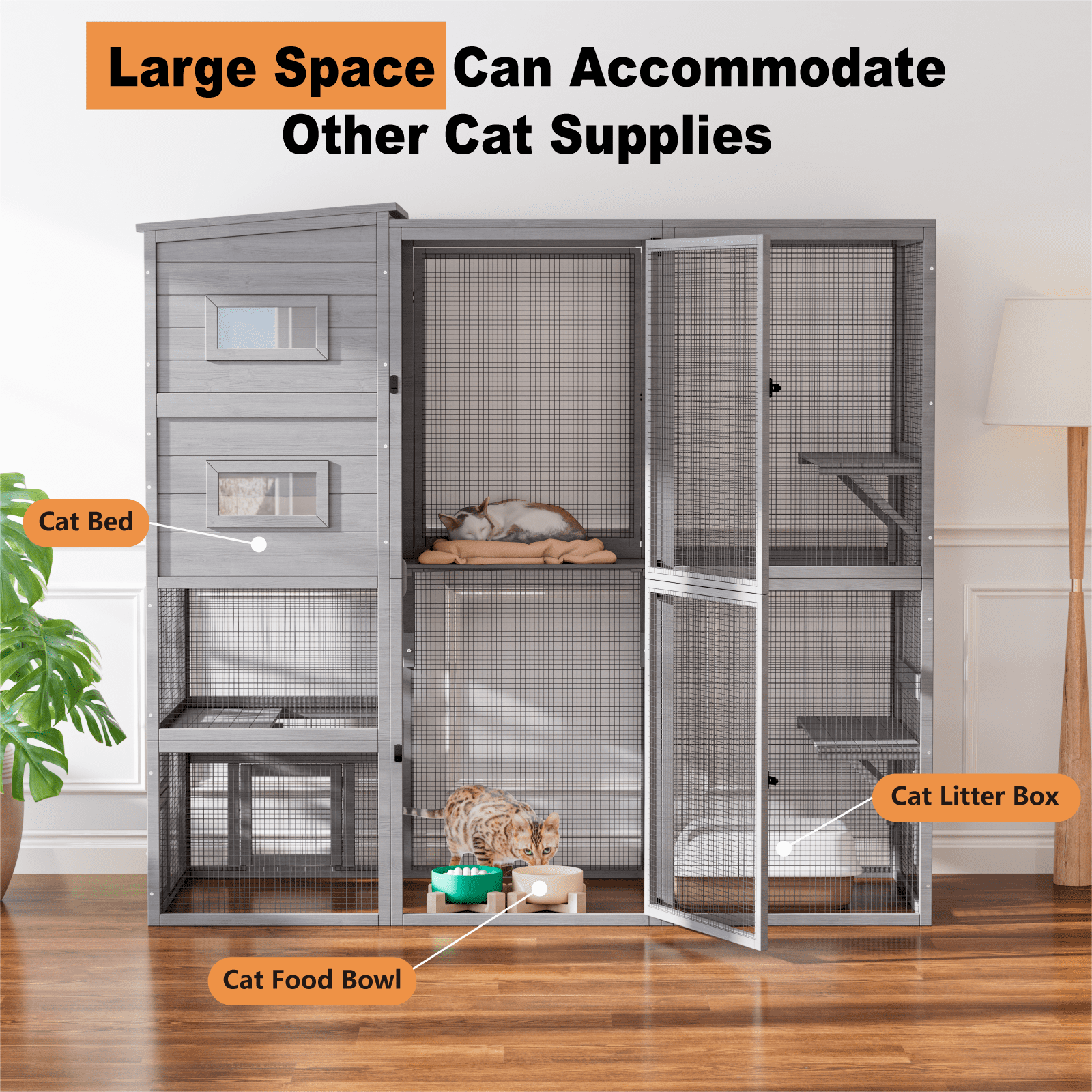 TIMHAKA Catio Outdoor Cat Enclosure Large Wooden Cat House for Mulitiple Cats w/ Resting Box, Platform, Waterproof Roof & Large Door, Gray