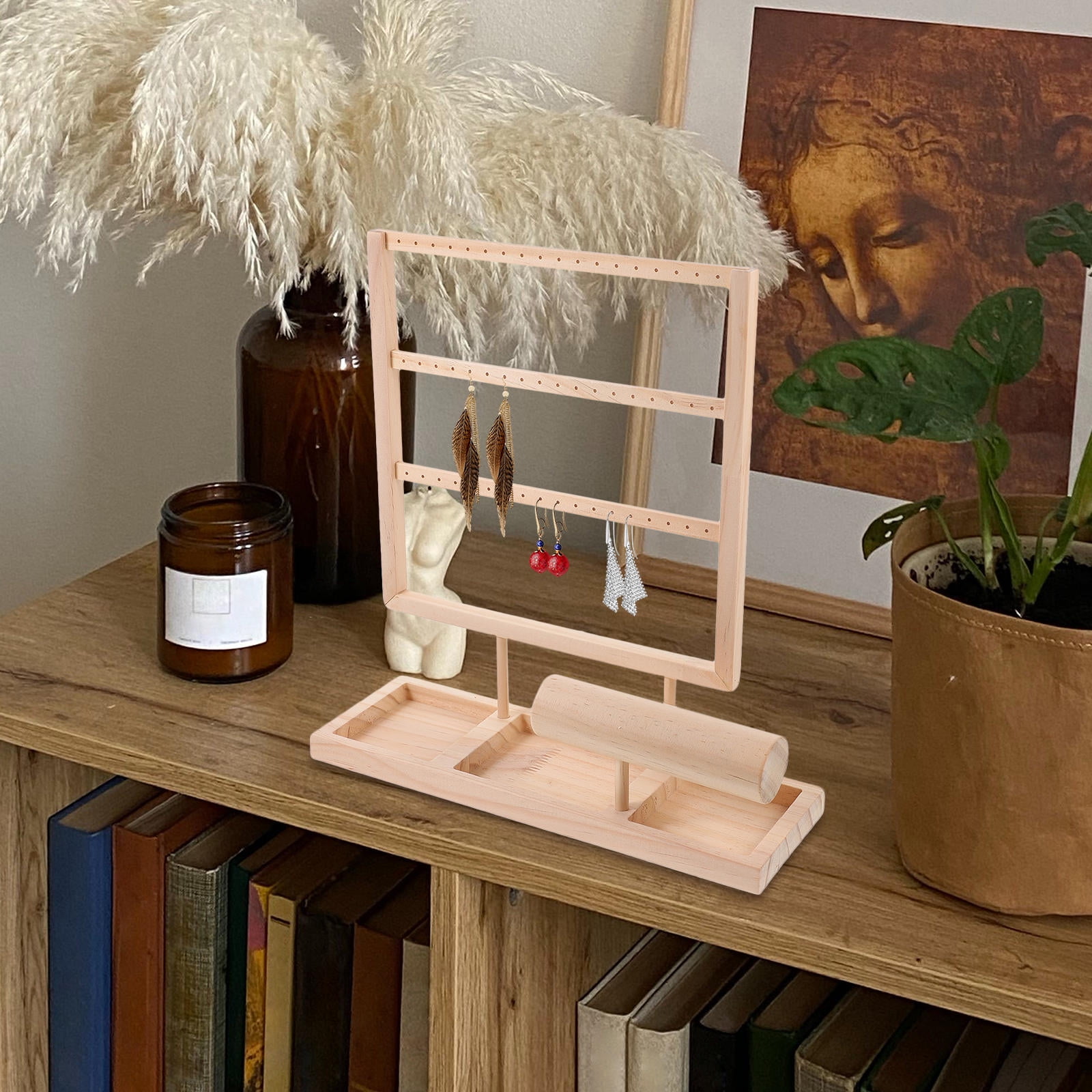 FENGGUIQU Khaki Wood Jewelry Holder Stand for Organized Earrings Necklaces Home Use