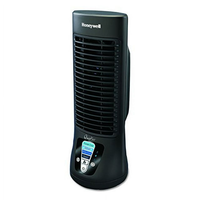 honeywell fan;tower;quietset;s Ventilador de torre Honeywell negro, vista frontal 3/4 con rejilla vertical y base cónica; panel frontal con pantalla y botones iluminados y logotipo Honeywell en la parte superior. Adecuado para uso en sala o habitación pequeña y a menudo usado para mejorar la circulación localizada en oficinas domésticas.
