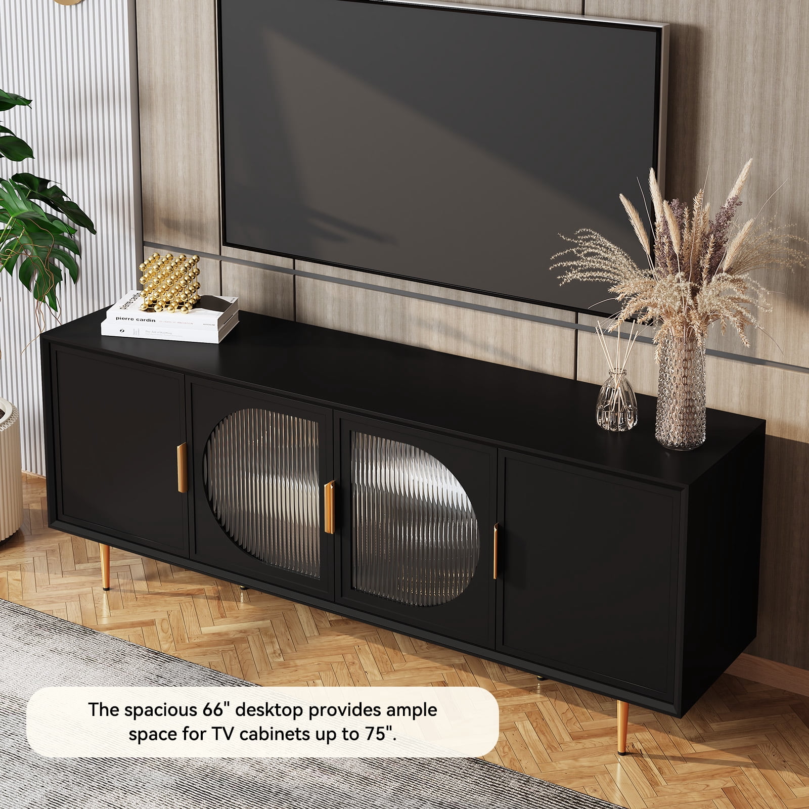 CBJCBJ 66" TV up to 75" Stand for Living Room, Entertainment Center with Glass Storage Cabinet,Black