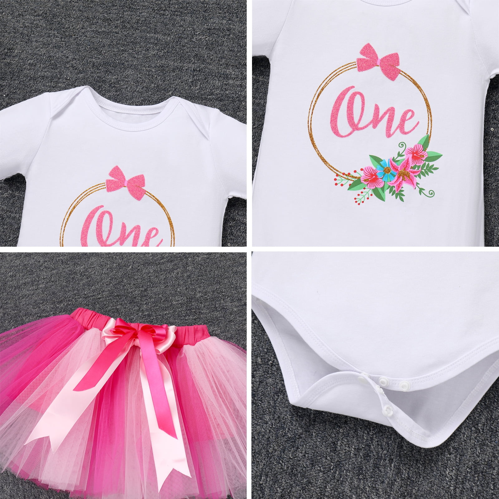 IBTOM CASTLE Infant Baby Girl One Year Old Birthday Outfit Floral Lace Party Cake Smash Romper + Tutu Skirt + Crown Clothes Set for Photo Shoot 1 Year Hot Pink - Flower
