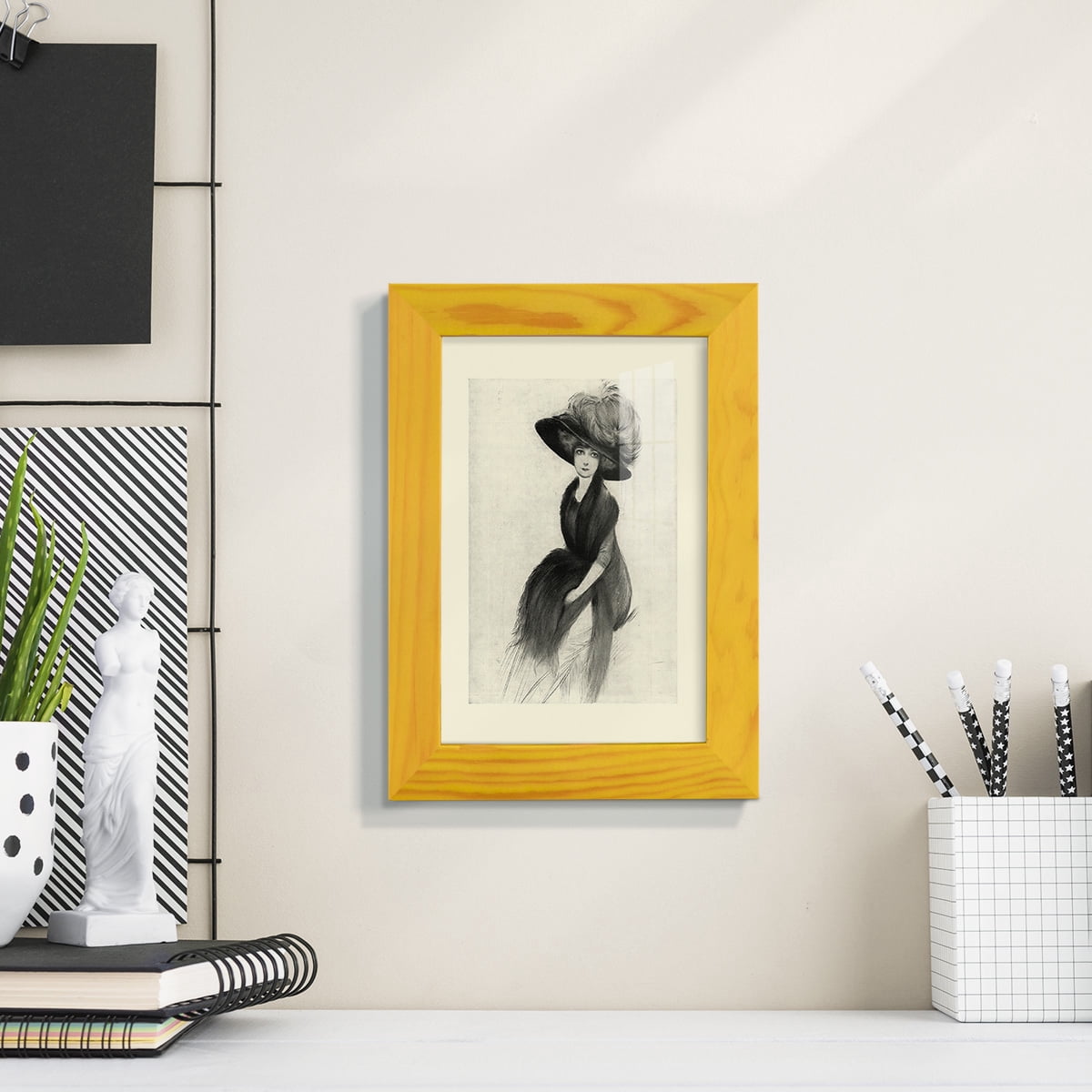 Feather Hat II -Framed Print w/glass-Sunflower Yellow