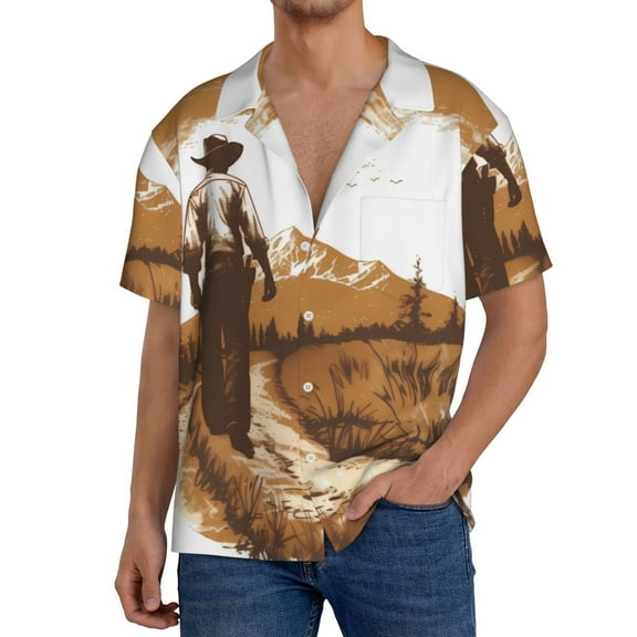 Vsdgher Western Cowboy Countryside Men's Cuban Shirt, Hawaiian Shirts, Business Casual Button Down Shirts, Short Sleeve Shirt-Small