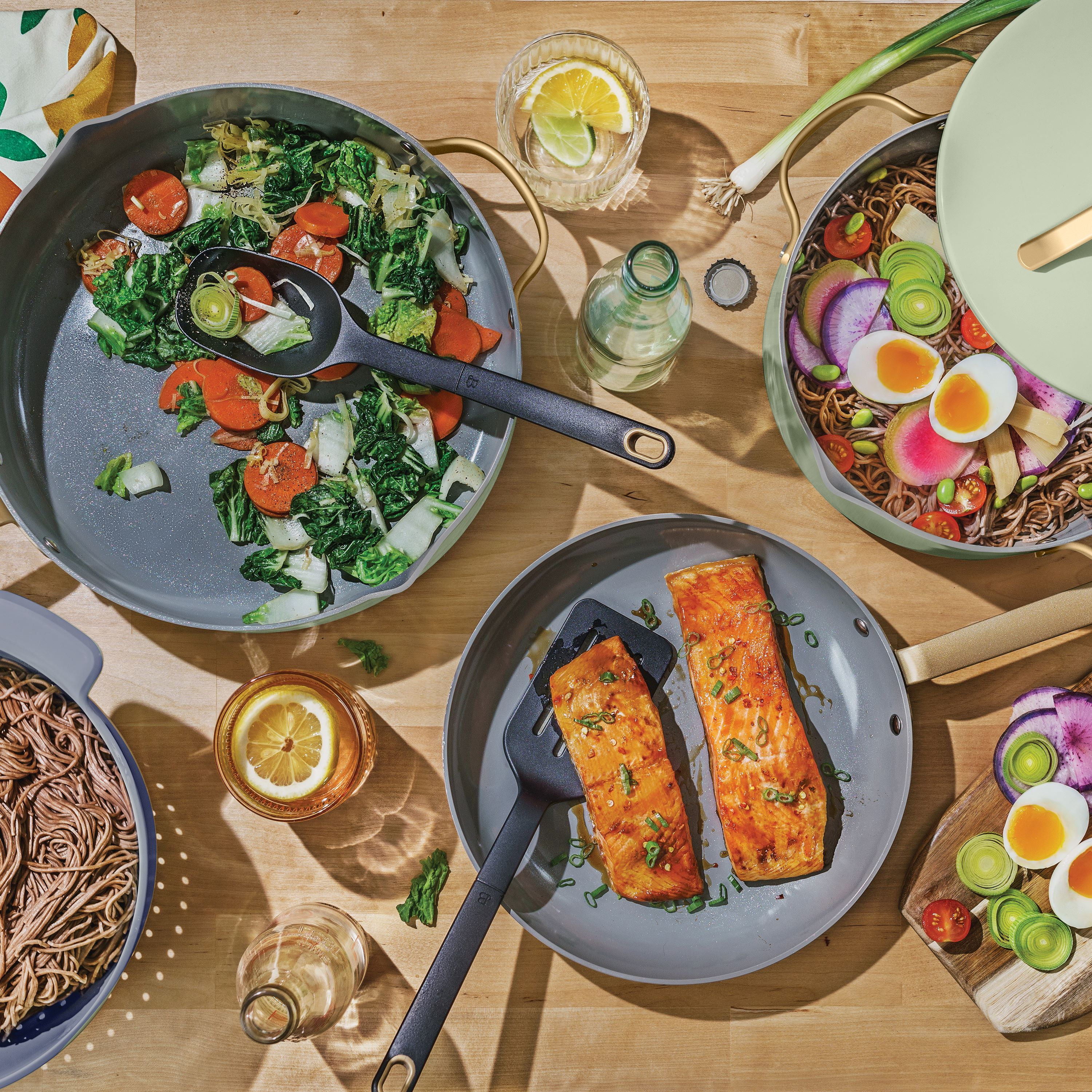 Beautiful 12-Piece Ceramic Nonstick Cookware Set, Pots and Pans with Strainer Lids, Sage Green by Drew Barrymore