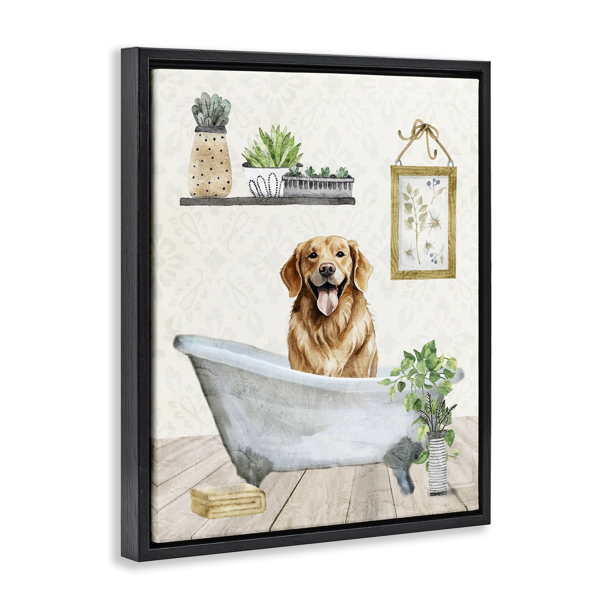 Stupell Industries Doggie Bath Time Bath & Laundry Painting Black Floater Framed Canvas Art Print Wall Art, 25 x 31