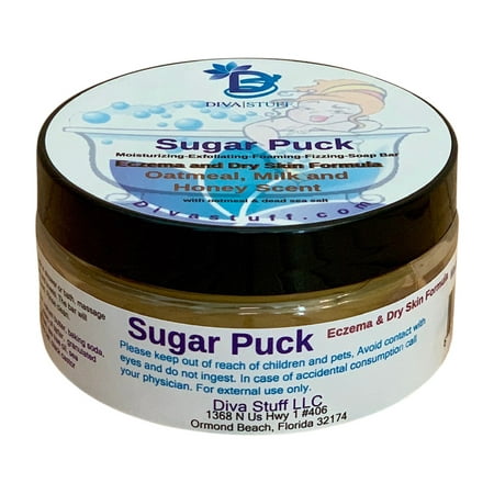 Sugar Puck, Eczema and Dry Skin Formula, Unique Sugar Scrub Soap Bar, Exfoliating, Foaming, Moisturizing and Fizzing, Oatmeal, Milk and Honey Scent, By Diva