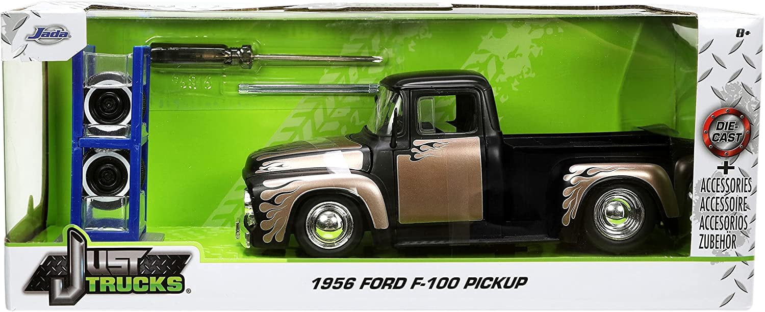 1956 Ford F-100 Pickup Truck Matt Black and Champagne with Flames with Extra Wheels "Just Trucks" Series 1/24 Diecast Model Car by Jada