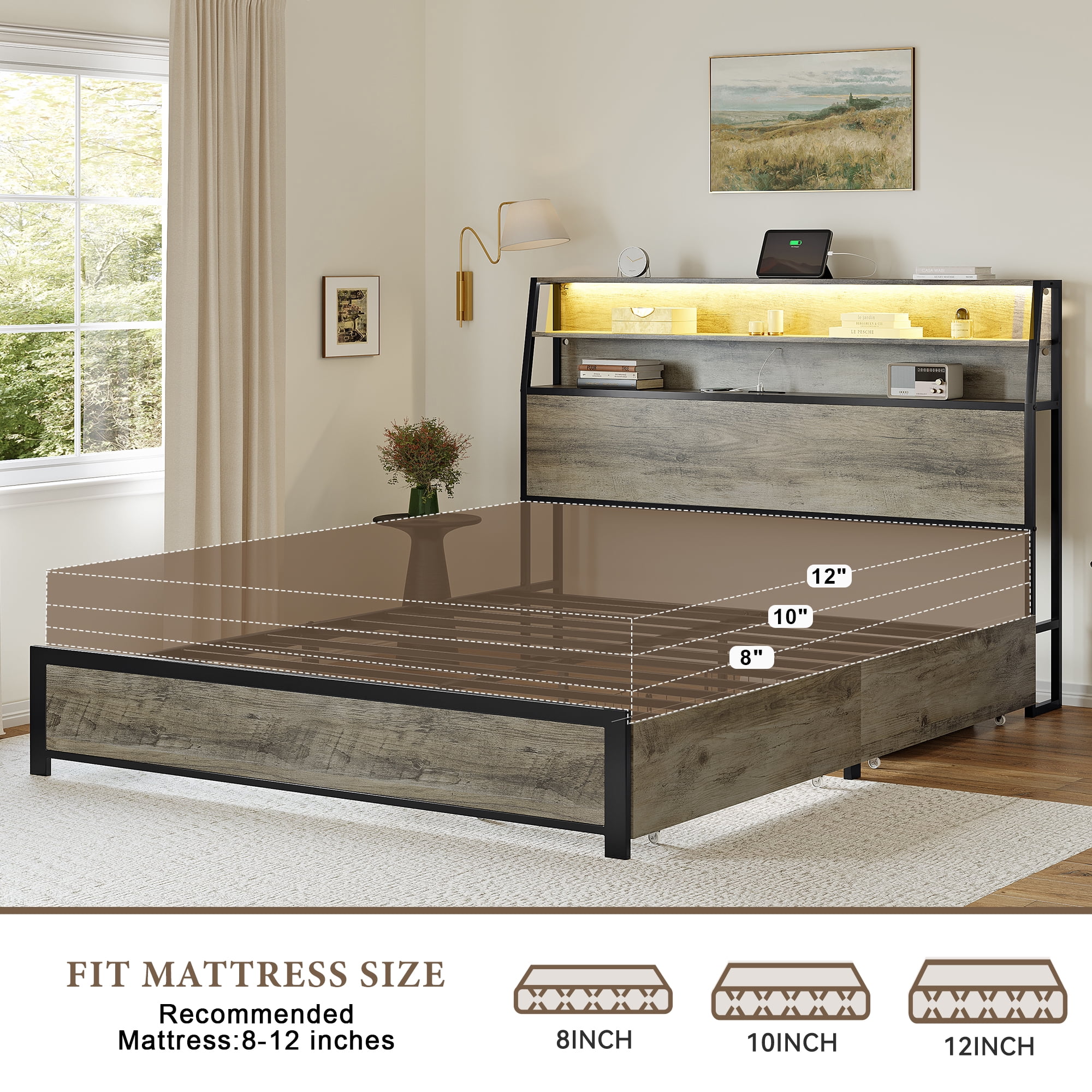 GUNAITO Queen Bed Frame with 2 Drawers Headboard Platform Bed Frame with LED Lights Charging Station Gray