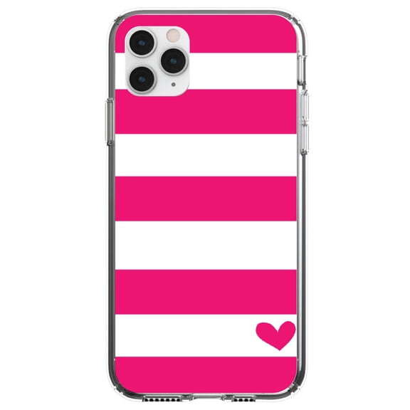 DistinctInk Clear Shockproof Hybrid Case for iPhone 13 Pro MAX (6.7" Screen) - TPU Bumper, Acrylic Back, Tempered Glass Screen Protector - Hot Pink White Stripes Heart - Chevron Stripes Pattern