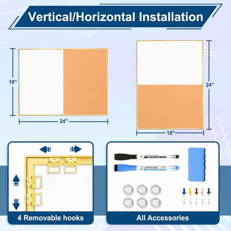 24x18 Inch Whiteboard & Cork Board Combo - Magnetic Dry Erase Board And Bulletin Board With Gold Aluminum Frame, Includes Markers, Magnets & Pins