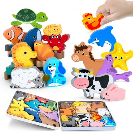 Wooden Animal Puzzles Toys for Toddlers 24 Pcs Farm and Sea Animal Figures Animal Matching Sorting Stacking Toys for Boys Child Girls Educational Learning Toys Gift for Kids