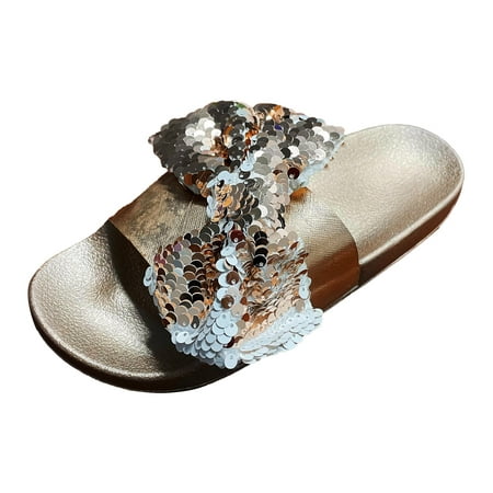 

Sandals Women Heels Wedge Shoes Flat Beach Slippers Fashion Shiny Flat Slippers Flashing Diamond Bow Knot Sandals Shoes For Women Slip On