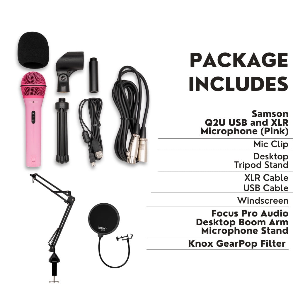 Samson Q2U USB and XLR Handheld Dynamic Microphone with Cardioid Polar Pattern (Pink) Bundle with Desktop Boom Arm Microphone Stand and Pop Filter for Broadcasting and Recording Microphones (3 Items)