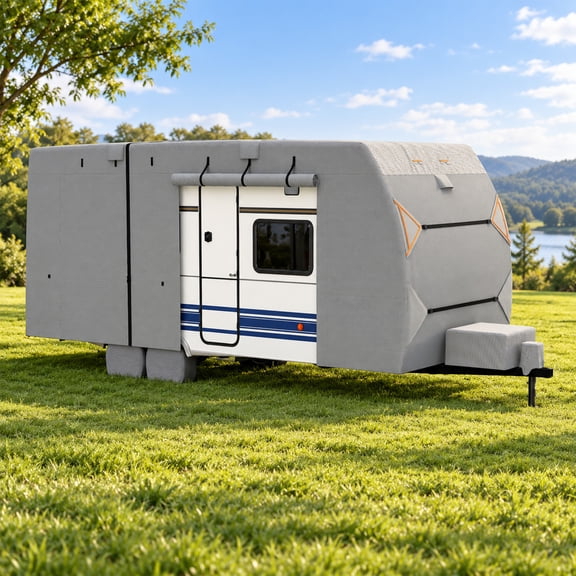 CuFun 22-24ft Travel Trailer RV Cover Kit, Heavy Duty Waterproof All Weather Camper Protection with Zippered Door & Tire Covers for Outdoor Storage