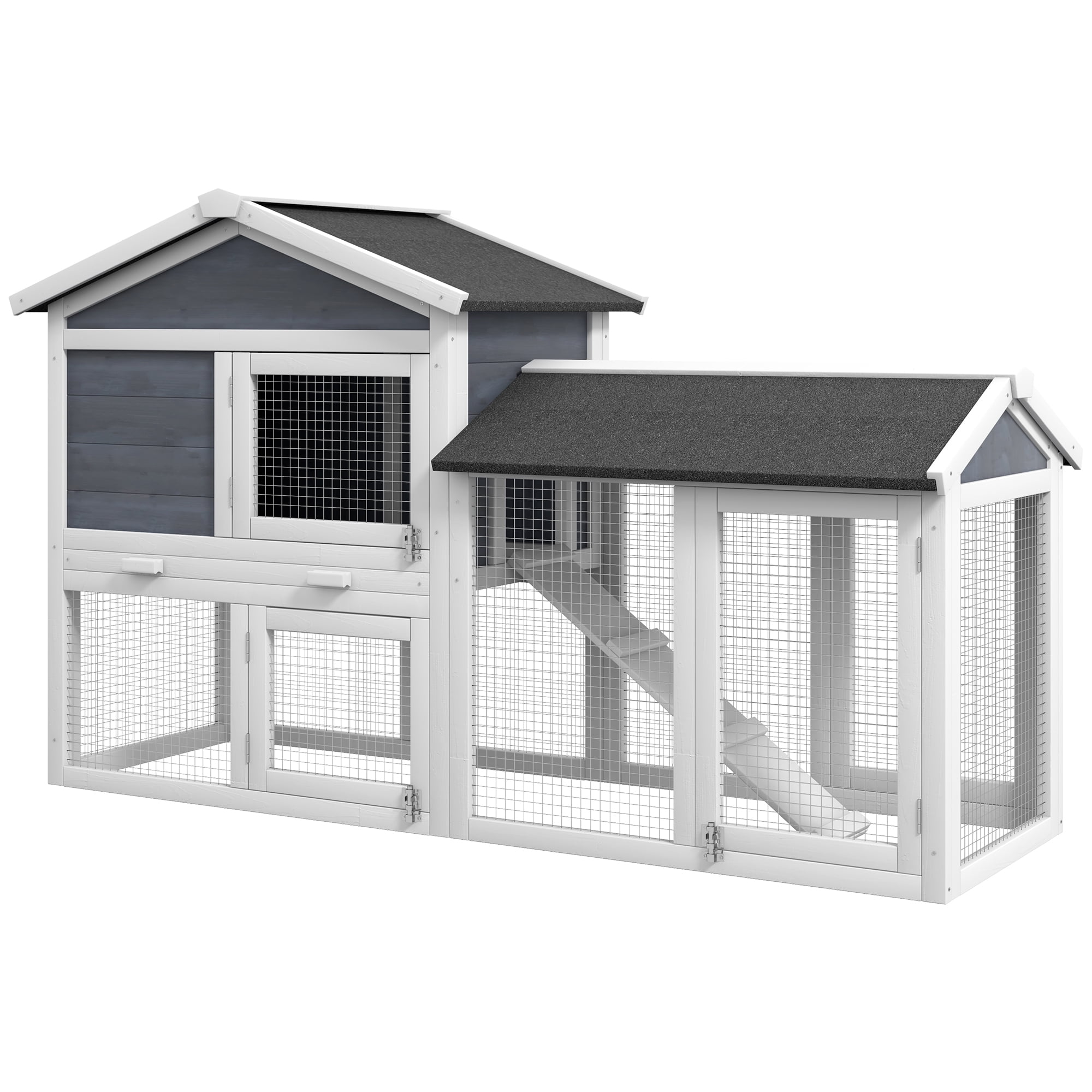 PawHut 58" Wooden Rabbit Hutch with Run, Removable Tray, Asphalt Roof, Gray