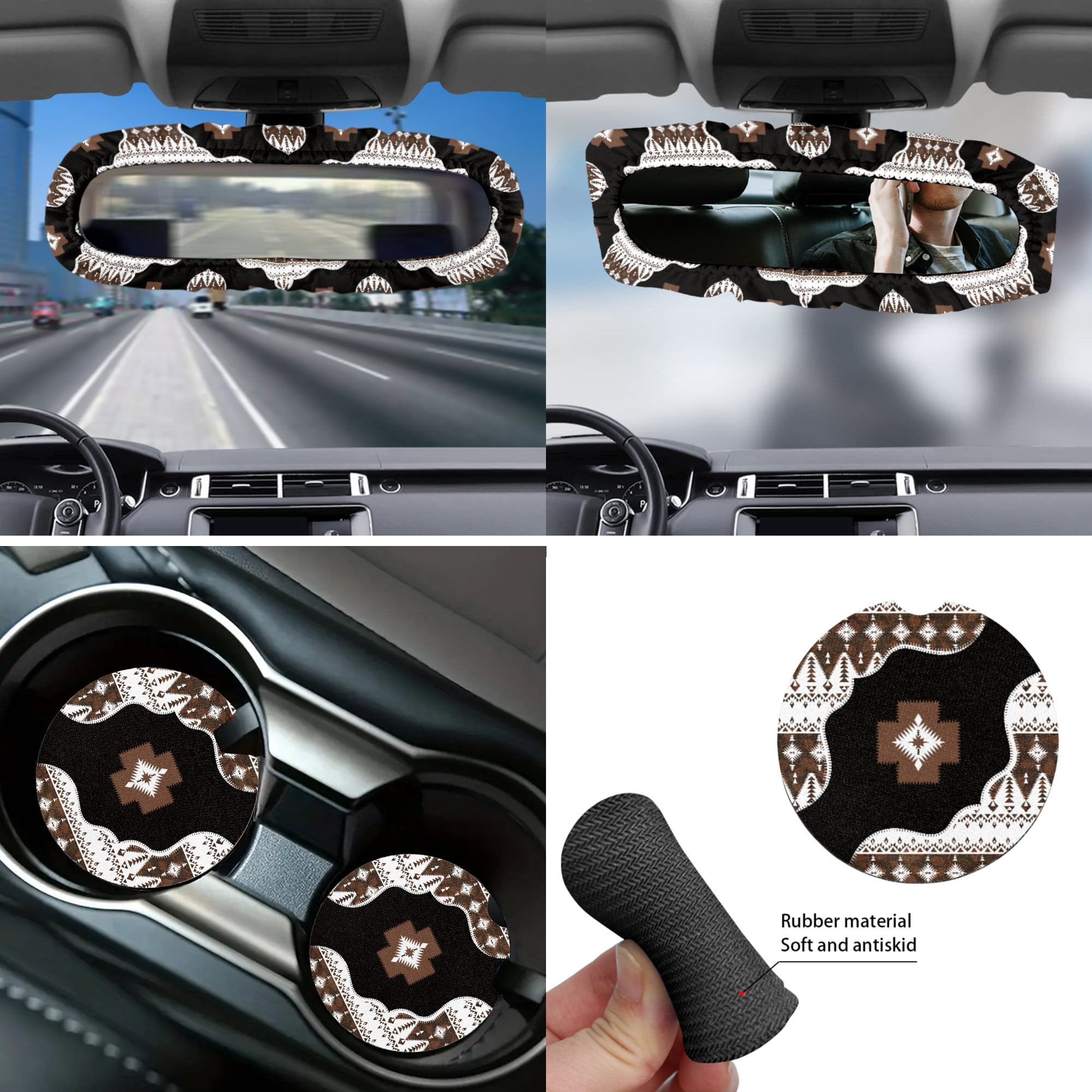 Yuyamidu Aztec Ethnic Gemoetric Car Seat Covers Set 14 Pcs Auto Seat Protector with Steering Wheel Cover Seat Belt Pads Garbage Bag Armrest Cover Handbrake Cover Set Rear View Mirror Cover Coasters