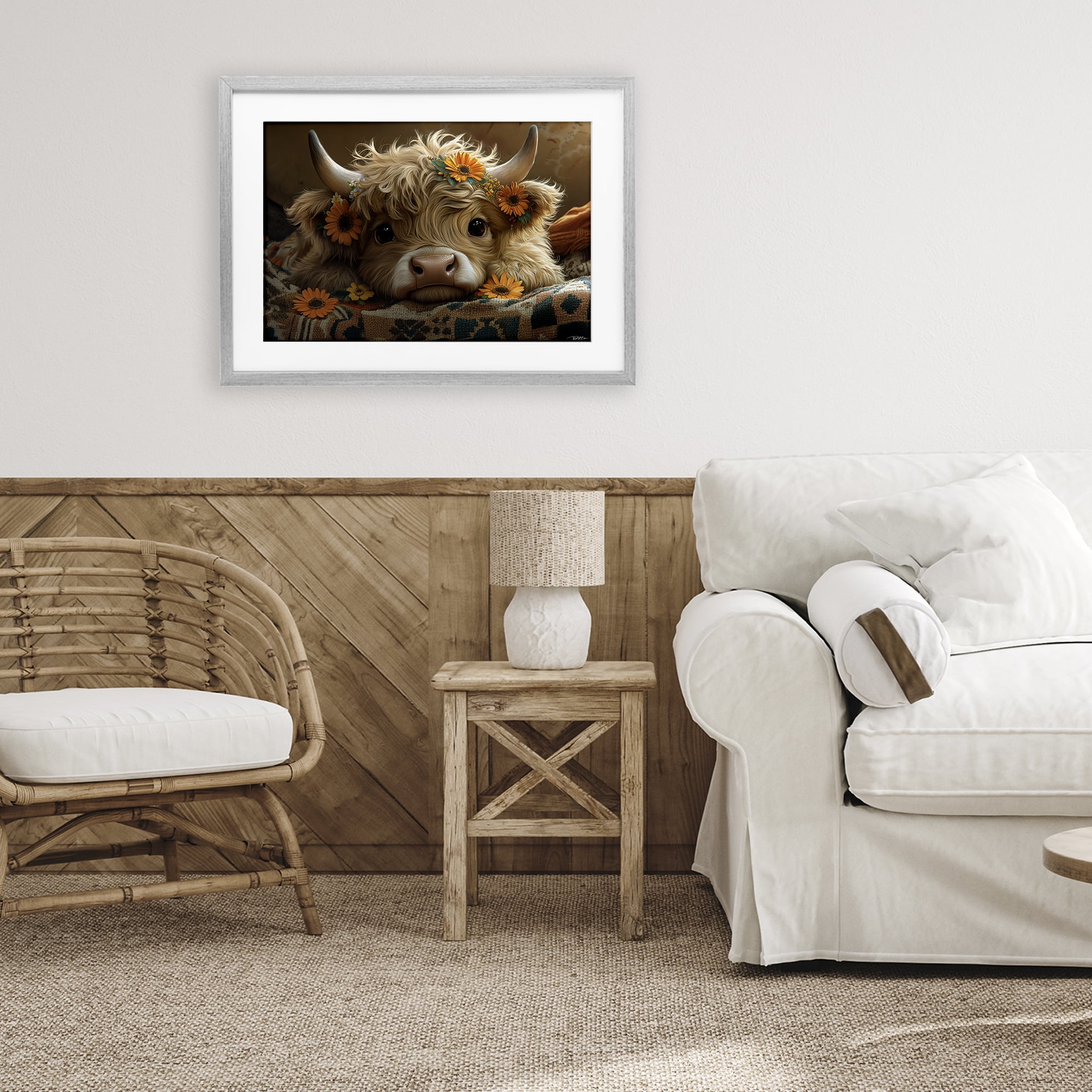 Adorable Flower Bedecked Cattle Gray Framed Print Under Glass, design by Momart