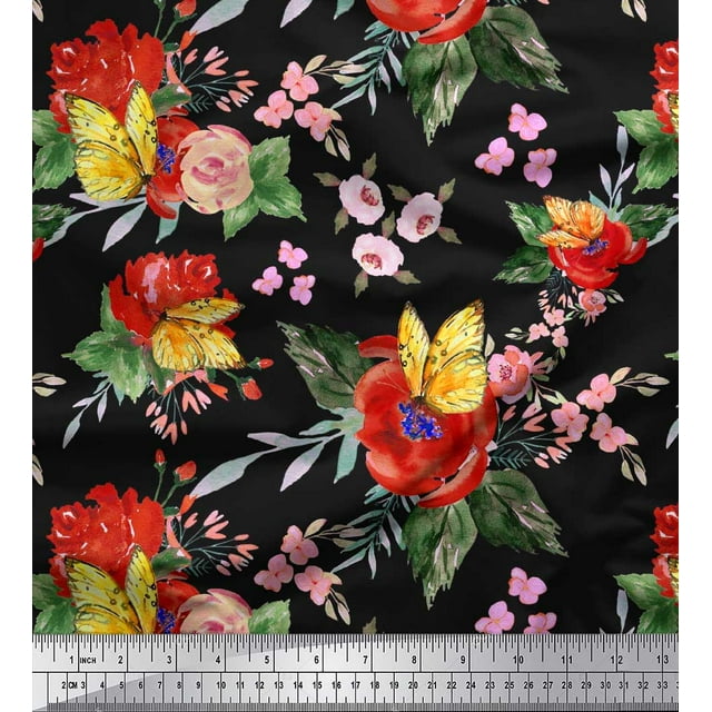 Soimoi Black Poly Georgette Fabric Leaves,Insect & Poppy Watercolor Printed Fabric 1 Yard 42 Inch Wide